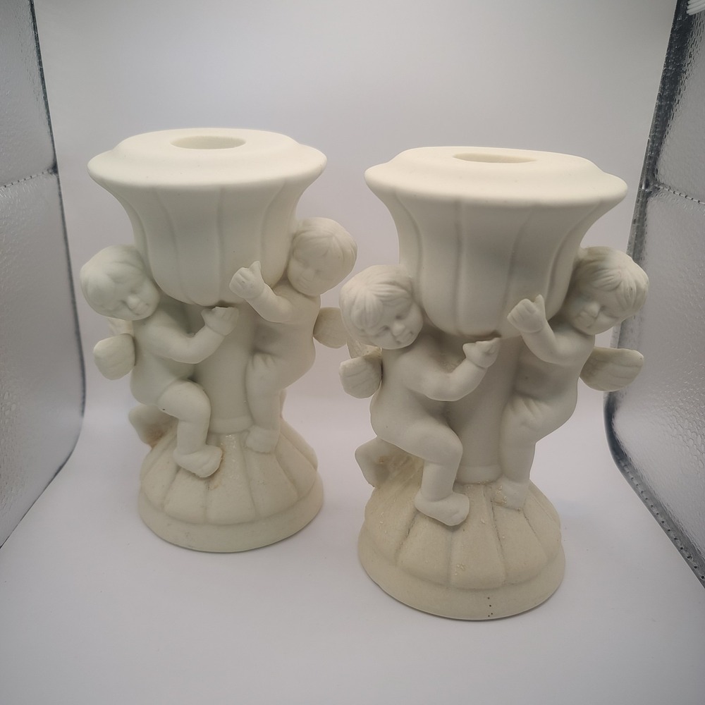 Vintage White Cherub Ceramic Bisque Taper Candle Holders Pair Approx 6" VGC